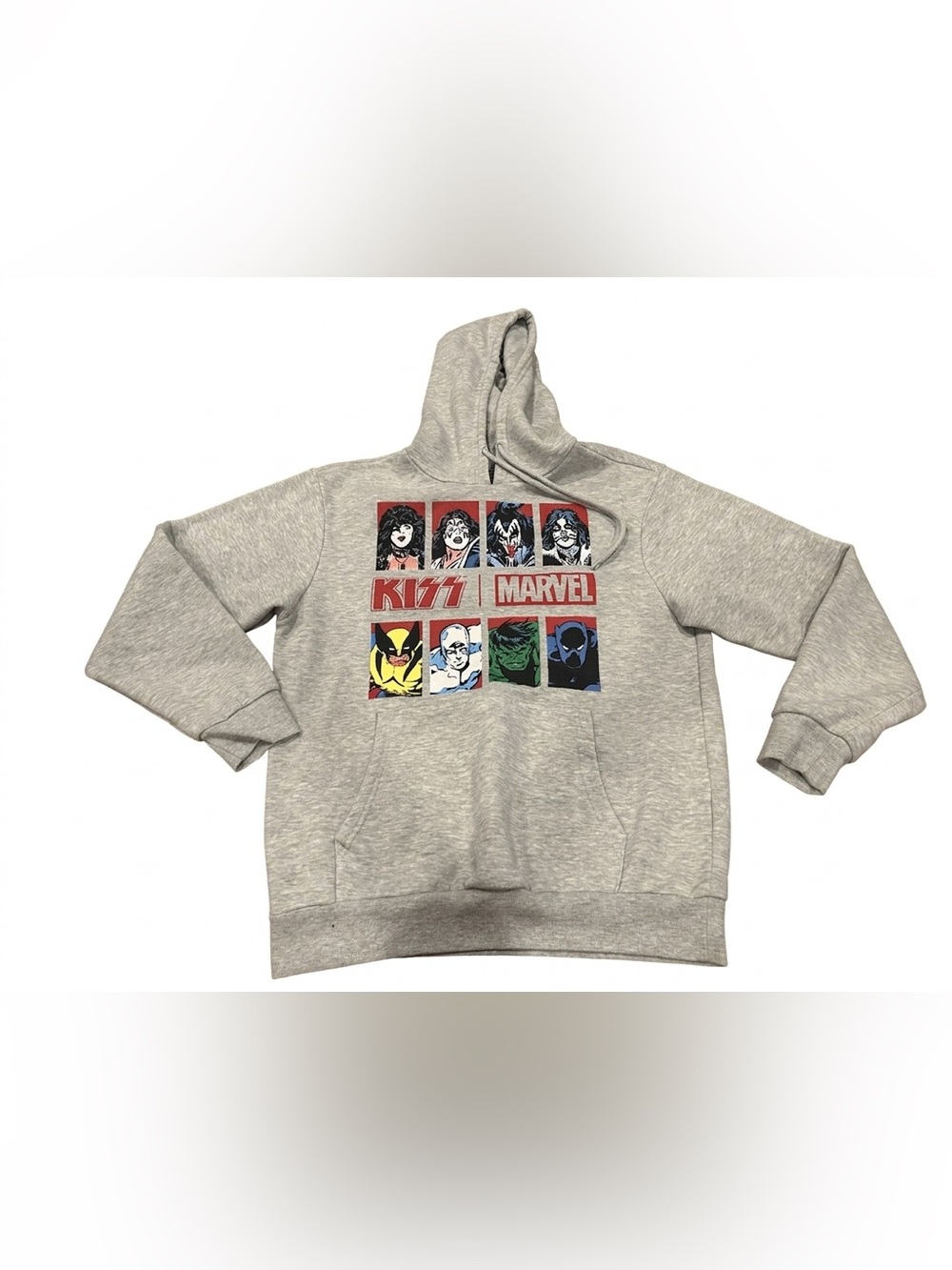 KISS Marvel Hoodie Mens Medium M Gray Graphic Sweatshirt Wolverine Hulk Comic
